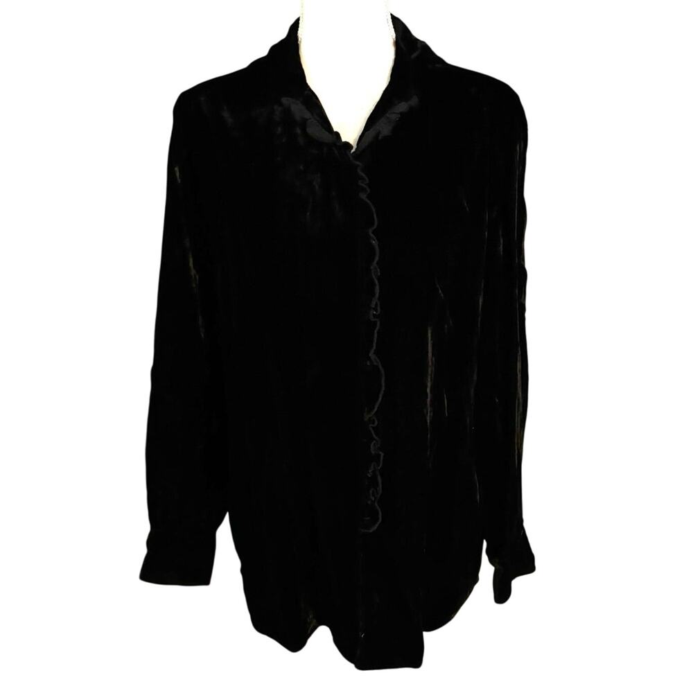 J Jill Size S Black Velvet Button Front Top Blouse Ruffled Long Sleeves